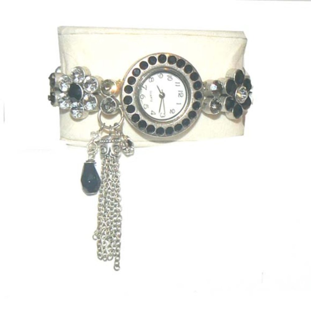 Silver And Black Watch With Stones And Chain